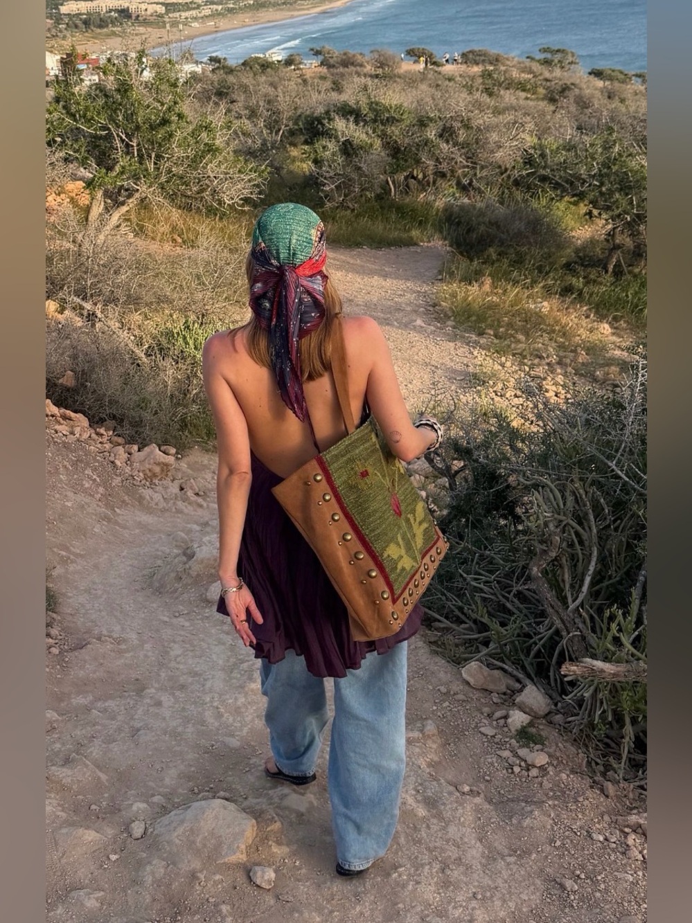 Current….Free People Bag NWT Boho Green & Tan Canvas Tote Bag with Stud Accents